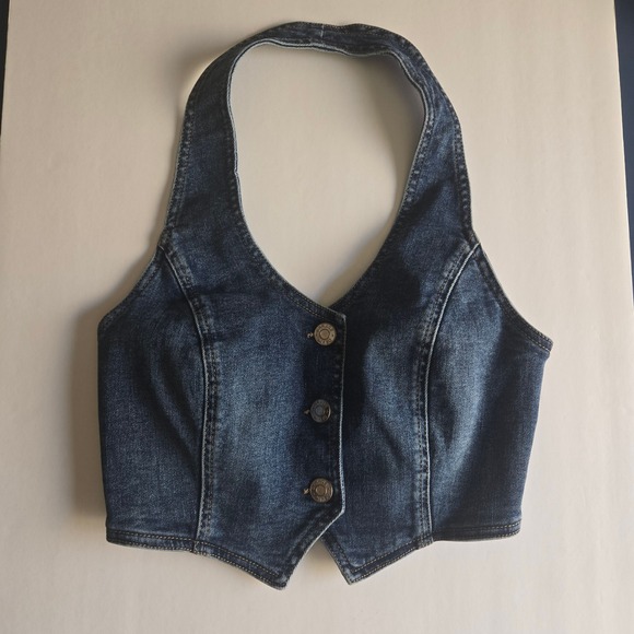 Garage Jackets & Blazers - Garage Denim Halter Neck Vest Top Dark Wash Blue Button Front Cropped Small